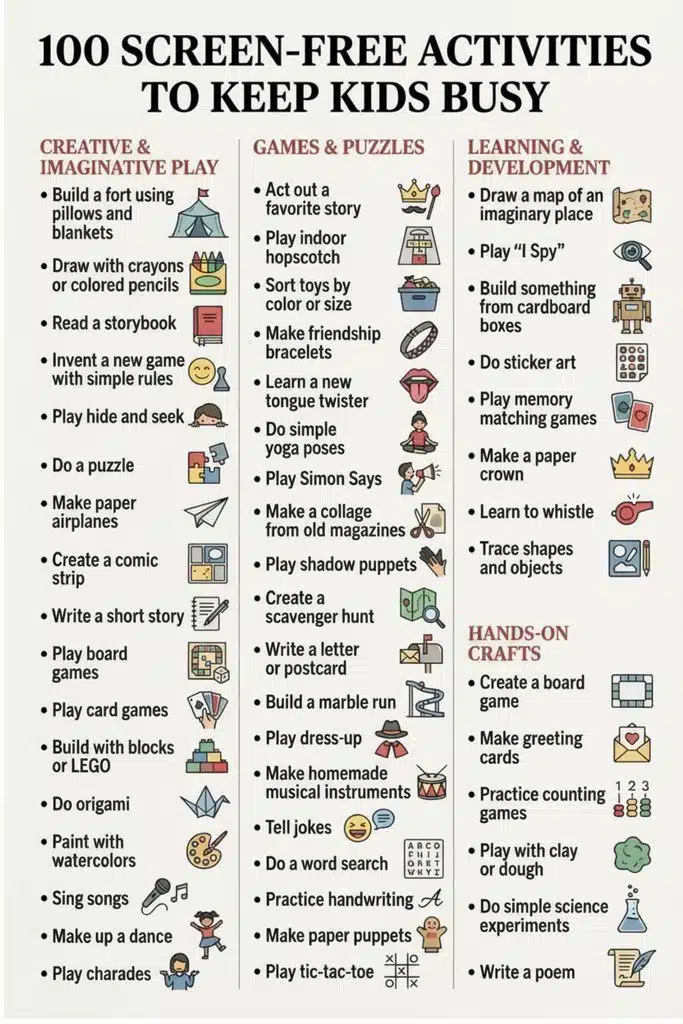 100 Screen-Free Activities for Kids Ages 0-8 That They'll Actually Do (+ FREE Printable Routine Chart)